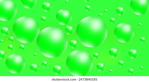 Fondo de la macrotextura de la burbuja de aceite líquido verde. Vector de patrón de oliva realista. Abstractas jabón de belleza con Imagen de vitaminas omega. Piel de colágeno fresco en la superficie de vidrio. Limpiar el Anuncio de gel.
