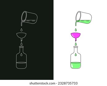 Die grüne Flüssigkeit wird durch einen Trichter in die Flasche gegossen. Flache Vektorgrafik mit Umriss.	