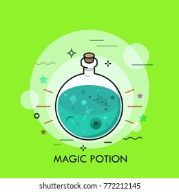 Green liquid in round bottom flask. Concept of magic potion, herbal drink with healing, magical, or poisonous properties, witchcraft and sorcery. Vector illustration for banner, poster, print.