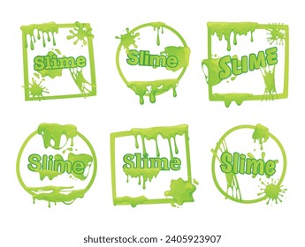 Green liquid slime flow frame cartoon fluid mucus drops sticky ooze splatter label set vector flat illustration. Border with dripping poison goo bubble splash effect squared circle boundary with jelly