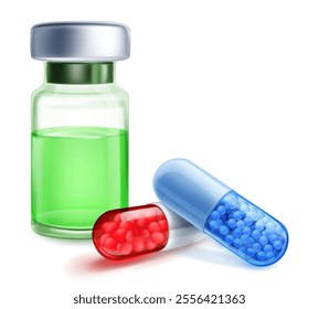 A green liquid-filled vial with a metal cap, alongside a red capsule and a blue capsule filled with small granules. With shadows on a white background.