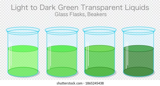 Green Liquids In Glass. Light Pistachio Dark Bottle Color Fluids.  Gradient Transition Test Tubes. Solution In Lab Beaker, Container. Transparent Shiny Lab Glassware. Chemistry Illustration 2d Vector