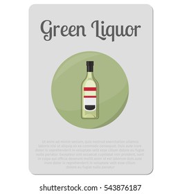 Green liquor alcohol. Sticker with bottle and description vector illustration