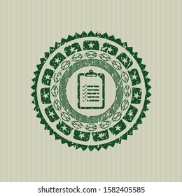 Green list icon inside distress rubber grunge seal