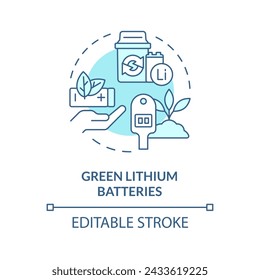 Green lithium batteries soft blue concept icon. Environmentally friendly technology. Waste reduction, decarbonization. Round shape line illustration. Abstract idea. Graphic design. Easy to use