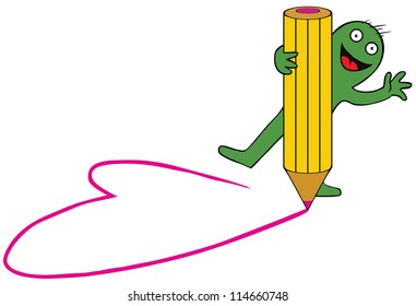 A green little guy using a pencil to draw a love symbol.