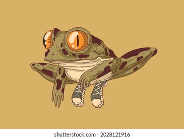 A green little pop-eyed frog in sneakers