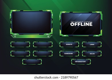 Green Live stream overlay design with offline screen section and colorful buttons. Live streaming overlay decoration for online gamers. Futuristic gaming overlay vector for screen panels.