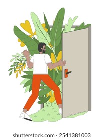 Green living 2D illustration concept. Sustainability go green future. Eco conscious man walking through doorway garden lush cartoon character isolated on white. Metaphor abstract flat vector graphic