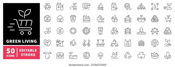 Green living editable line icons set: eco, nature, sustainability symbols