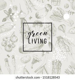 Green living emblem over hand drawn seamless pattern with vegetables and mushrooms in retro style. Vector illustration