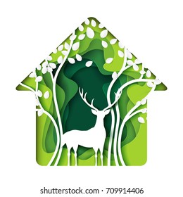 Green living house with deer and tree abstract paper art background.Ecology and environment conservation with nature concept.Vector illustration.