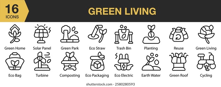 Green Living icon set. Includes interior, home, furniture, green, wall, room, and More. Outline icons vector collection.