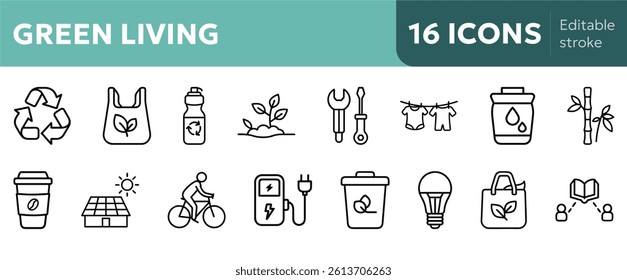 Green living icons set, eco-friendly symbols collection