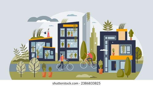 Green living and sustainable lifestyle urban community tiny person concept. Nature protection for environmental and ecological future vector illustration. City with green rooftops and lush greenery.