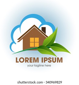 Green Living, Vector shape house and leaves for property logo
