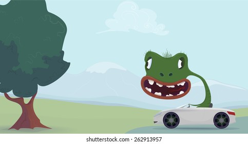 Green lizard cartoon sitting in the car. Vector illustration