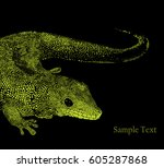 Green lizard gecko vector illustration. Figure spots, isolated on black  background.