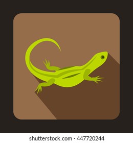 Green lizard icon in flat style with long shadow. Reptiles symbol