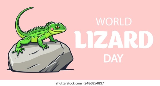 Green lizard on rock or stone vector illustration. World lizard day poster in cartoon style isolated on a pink background. Concept of wildlife protection, suitable for world lizard day