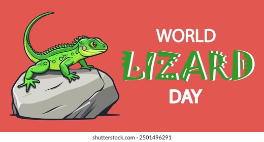 Green lizard on rock or stone vector illustration. World lizard day poster in cartoon style isolated on a dunkel pink background. Concept of wildlife protection, suitable for world lizard day