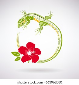green lizard and red hibiscus on a light background