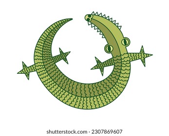 A green lizard with teeth and scales or a crocodile curled up in a ring. Vector flat illustration with outline.