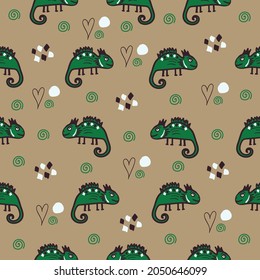 Green lizards on beige background, vector (smyk). It can be used as prints on textile, packaging, gift paper, etc.