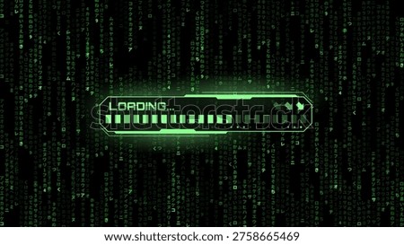 Green loading bar displayed over a background of falling digital text. Matrix code interface for progress monitoring. Futuristic computer software system data visualization concept.