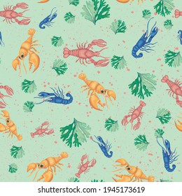 green lobsters sealife seamless vector repeat pattern