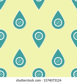 Green Location with basketball ball inside icon isolated seamless pattern on yellow background.  Vector Illustration
