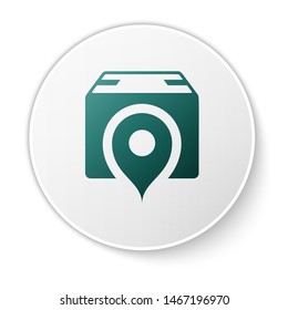 Green Location with cardboard box icon isolated on white background. Delivery services, logistic and transportation, relocation, distribution. White circle button. Vector Illustration