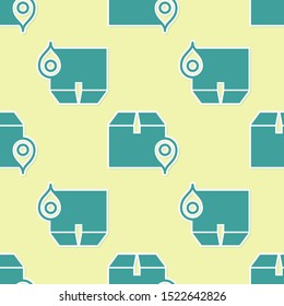 Green Location with cardboard box icon isolated seamless pattern on yellow background. Delivery services, logistic and transportation, relocation, distribution.  Vector Illustration