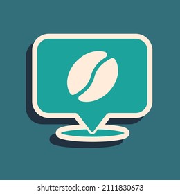 Ubicación verde con icono de judías de café aislado en el fondo verde. Estilo de sombra larga. Vector