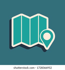 Green Location of the forest on a map icon isolated on green background. Long shadow style. Vector Illustration