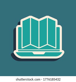 Green Location of the forest on a map in laptop icon isolated on green background. Long shadow style. Vector Illustration