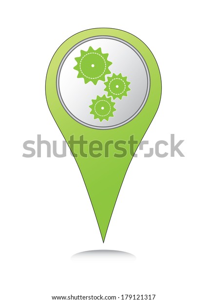Green location marker with green gears,\
creative technology\
illustration.