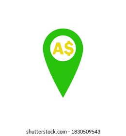 Green location pin and australian dollar sign on white background