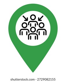 Icono verde del alfiler de la ubicación con las personas de la figura del palillo múltiple y las flechas que apuntan hacia adentro que representan un punto de encuentro o un punto de reunión