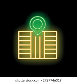 Green location pin icon pointing at neon yellow city map on a black background