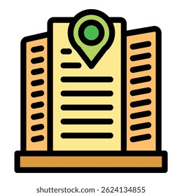 Green location pin is marking the address of a modern building