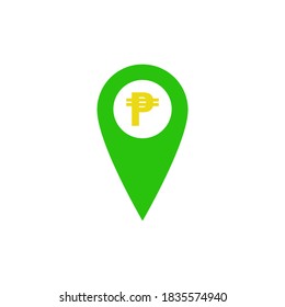 Green location pin and peso sign on white background