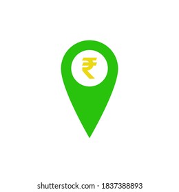 Green location pin and rupee sign on white background