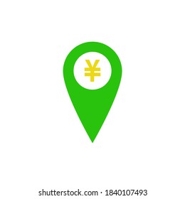 Green location pin and yen sign on white background
