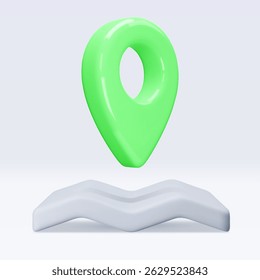 Green location pointer om map, placemark, marker of map, navigation pin sign. 3d GPS icon with shadow. Sign for searching on map direction. Vector render illustration isolated on white background