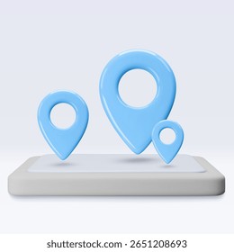 Green location pointers on pad, map, placemark, markers of map, navigation pin sign. 3d GPS icon. Sign for searching on map direction. Vector render illustration isolated on white background