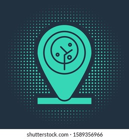 Green Location and tree icon isolated on blue background. Abstract circle random dots. Vector Illustration