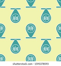 Green Location and tree icon isolated seamless pattern on yellow background.  Vector Illustration