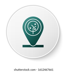 Green Location and tree icon isolated on white background. White circle button. Vector Illustration