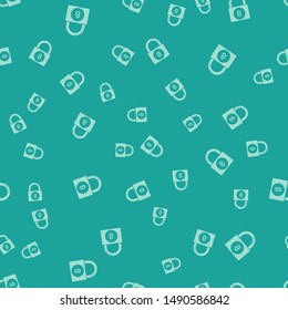 Green Lock with bitcoin icon isolated seamless pattern on green background background. Cryptocurrency mining, blockchain technology, security, protect, digital money. Vector Illustration